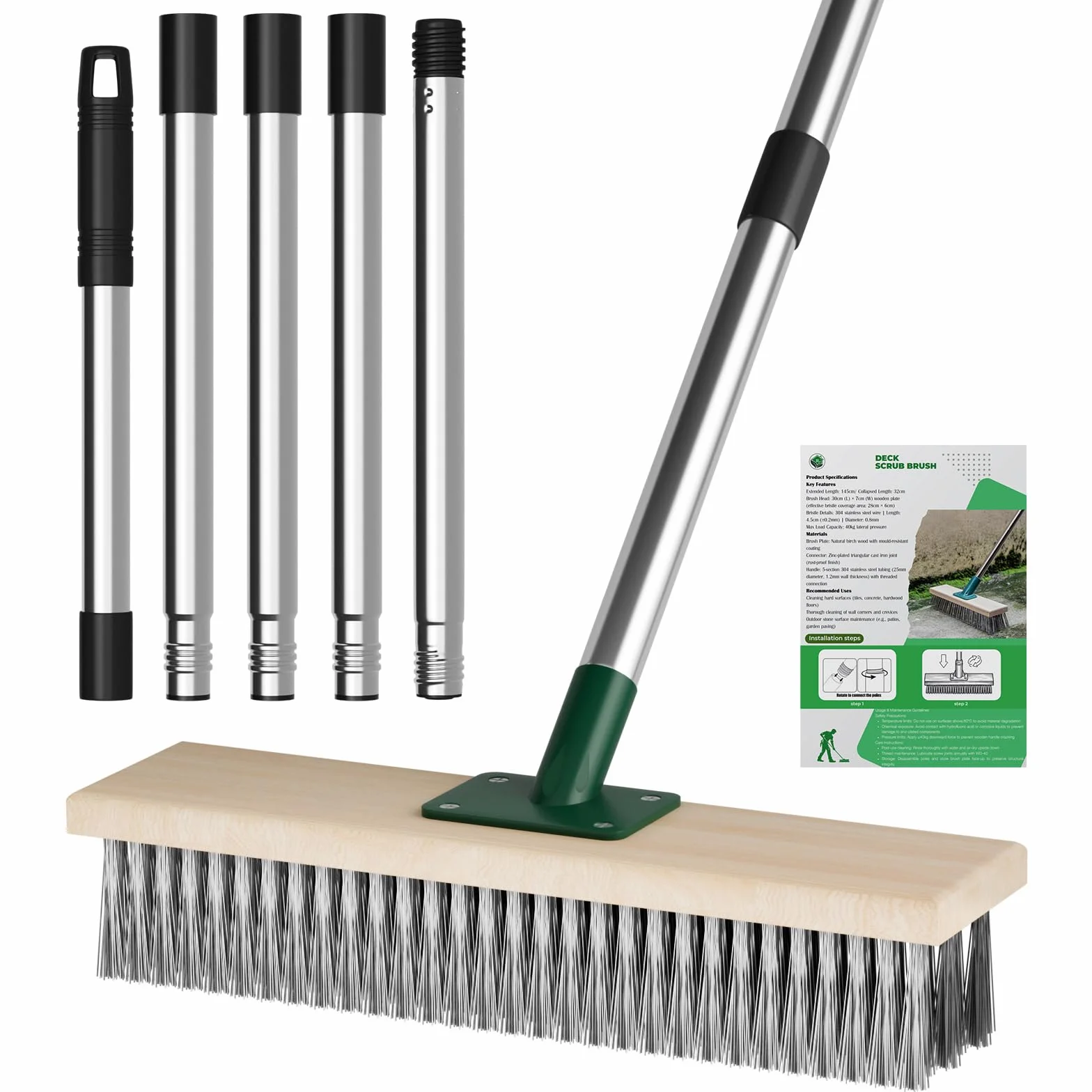 Stahldrahtbesen mit Teleskopstiel Edelstahl Drahtbürste Deckbesen Bürste Bodenschrubber Bürste für Terrasse, Deck, Garten