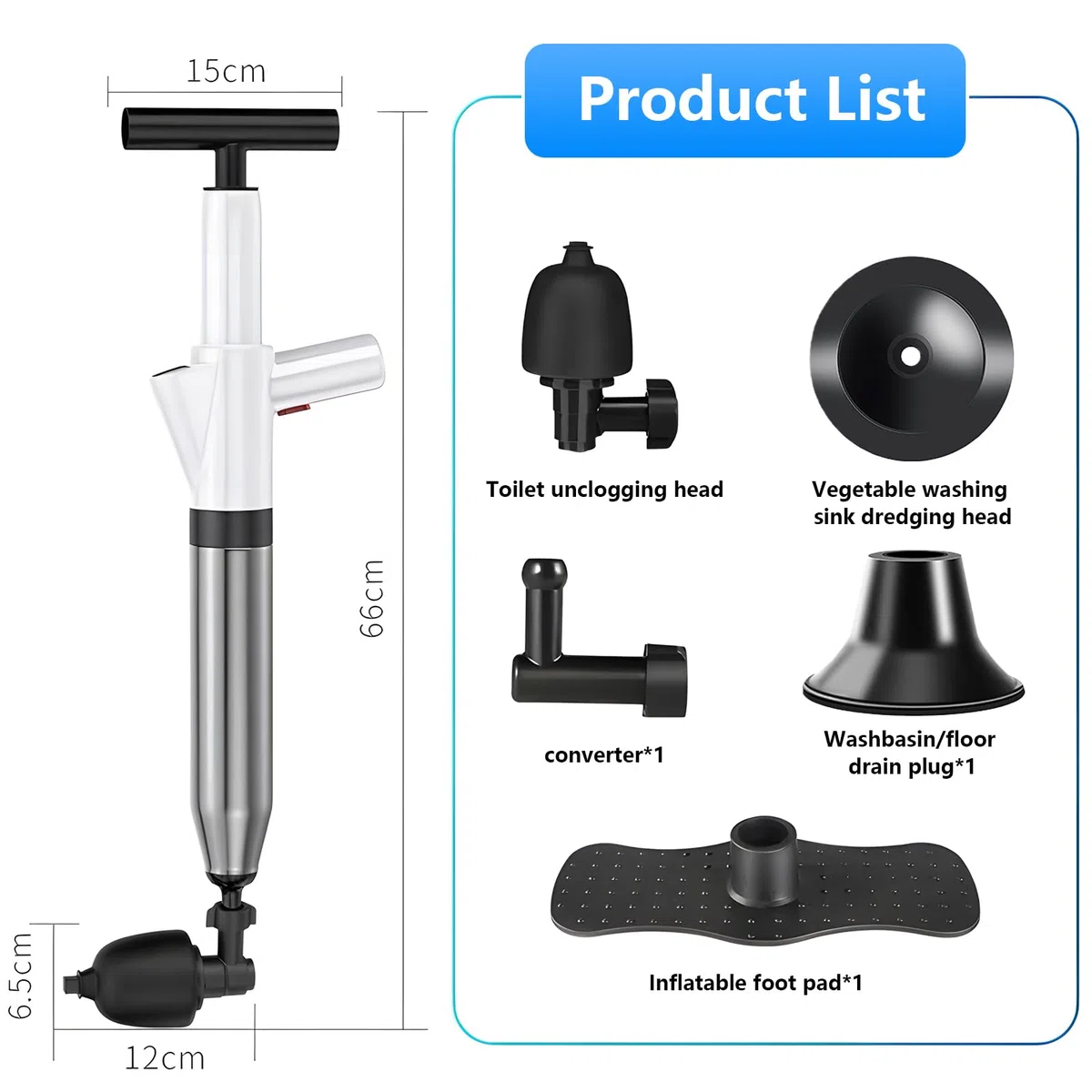 Hochdruck Abflussreiniger Pumpe,Toiletten Pömpel Abflussreiniger Pumpe, Pressluft Rohrreiniger, Rohrreiniger Druckluft Für Waschbecken, Toiletten, Badezimmer, Dusche, Küche, Weißer