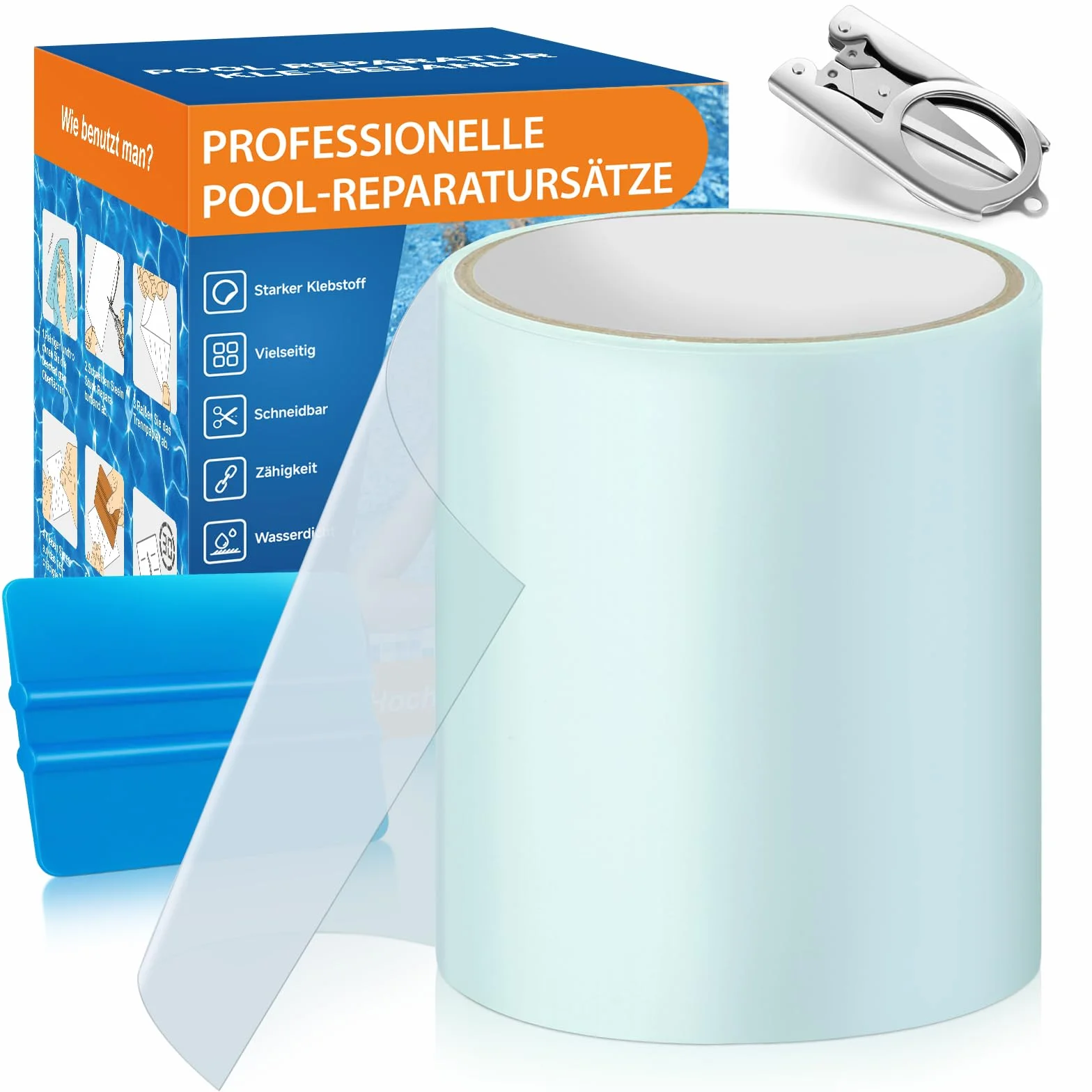 Pool Reparaturset, Transparentes Unterwasser Klebeband 10cm x 250cm, Pool Flicken Selbstklebend Wasserdichtes Flex Tape, PVC Abdichtband Kann Als Ersatz für Kleber,Dichtmittel Verwendet Werden