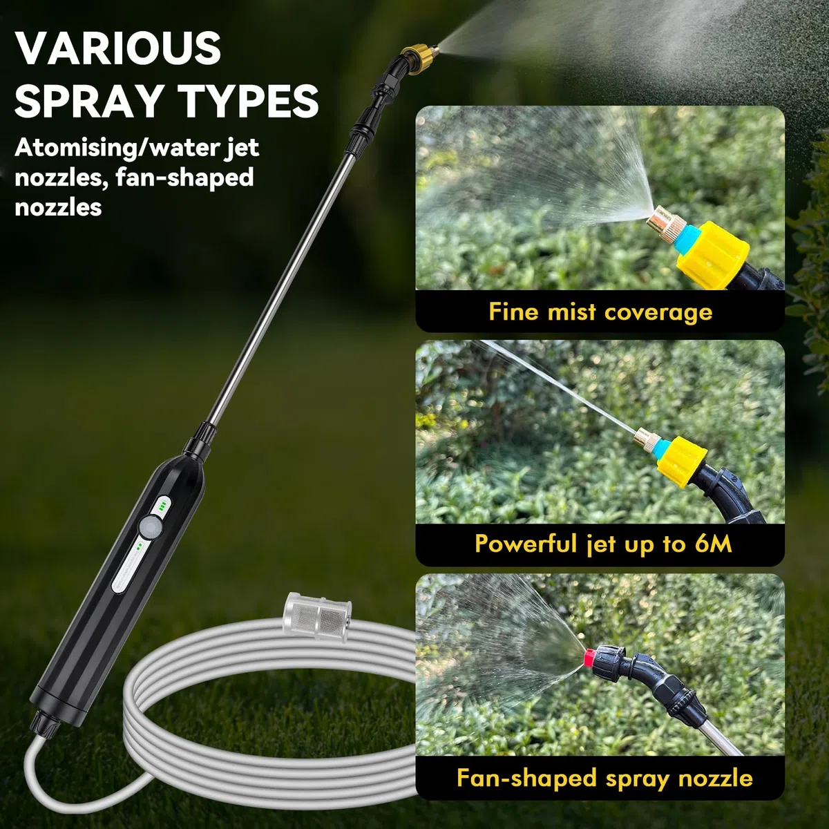 5 Meter lange, flexible elektrische Gartenspritze mit schwarzem, wasserdichtem Griff zum Bewässern von Blumen und Versprühen von Pflanzenschutzmitteln (eingebauter Akku: 2000 mAh)