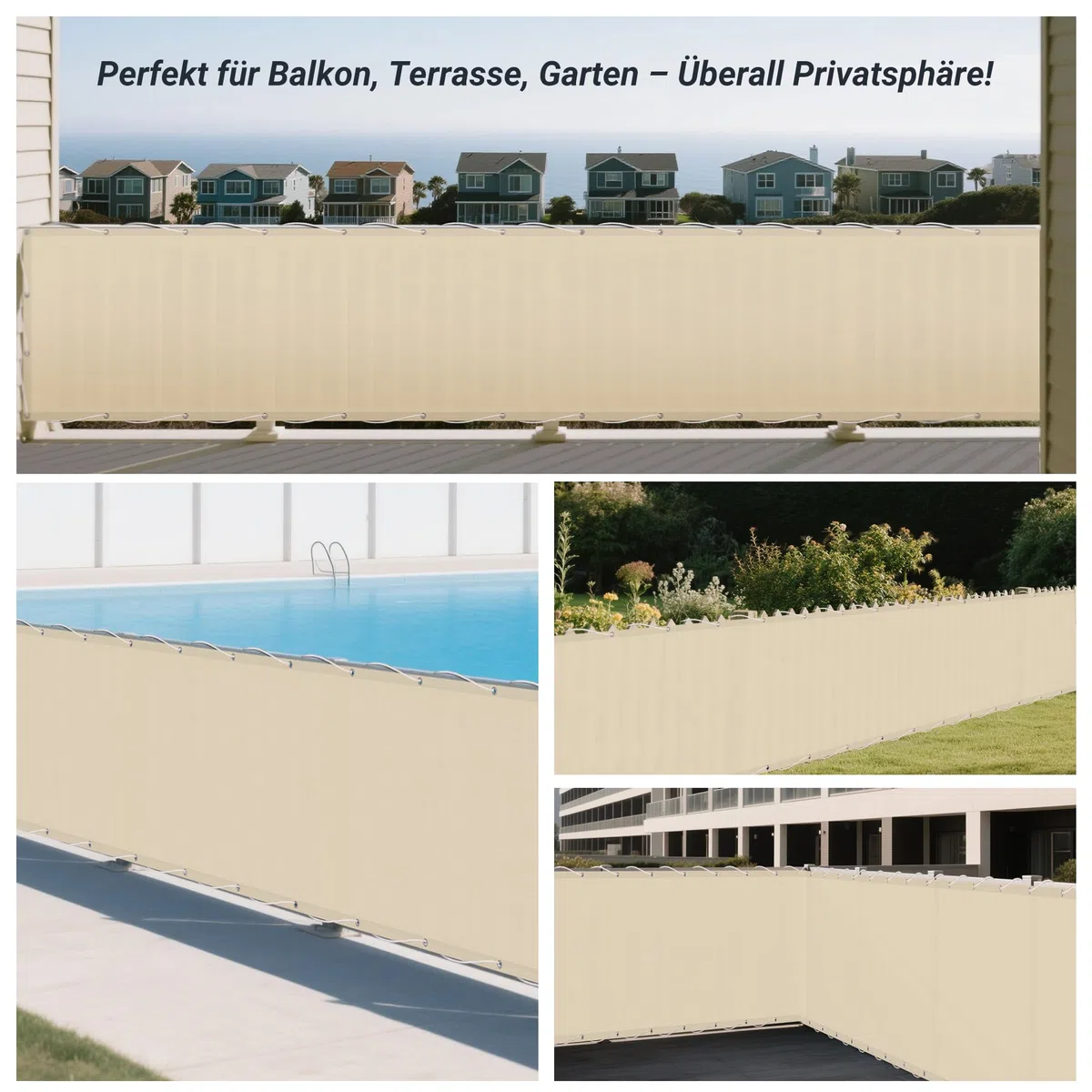 Balkon Sichtschutz 90x500cm, Blickdicht & wetterfest – Balkonabdeckung und Windschutz mit Ösen und Kordel, Creme