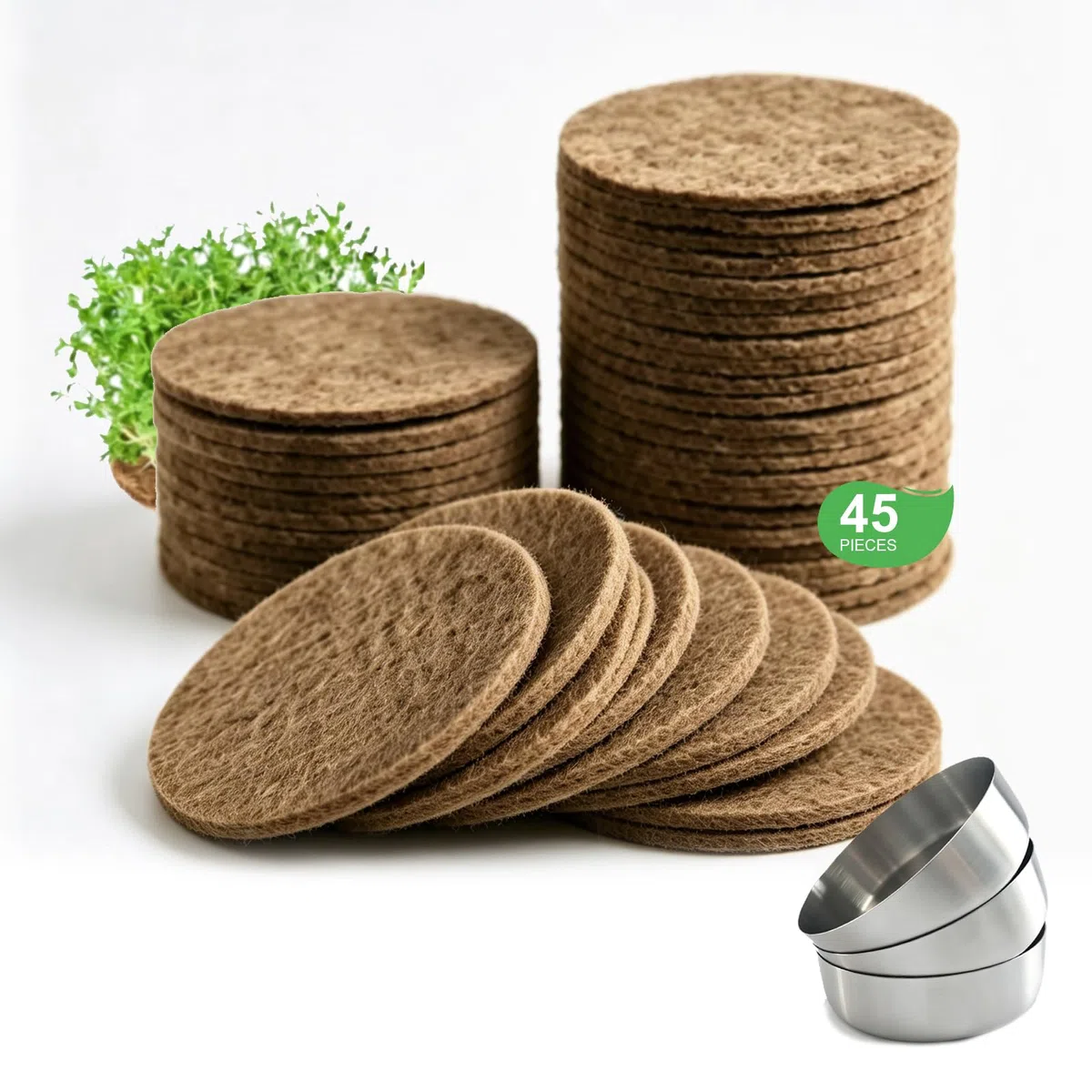 45er Jutte Microgreens Anzuchtschalen mit 500g/m², 95x95x5mm, Kresse Anzuchtschalen Set mit 3 Edelstahl Trays, Biologisch Abbaubares, Sprossen Anzuchtschale für Weizengras, Tomaten