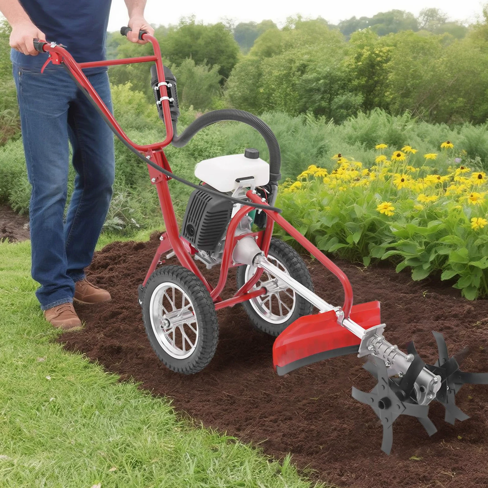 4PS 63cc benzinbetriebener Motorhacke, Garten-Motorhacke, Bodenbearbeitungsmaschine mit Seilzugstarter, 10 cm Arbeitstiefe, luftgekühlt, geeignet für die Bodenbearbeitung in Gärten und auf Feldern