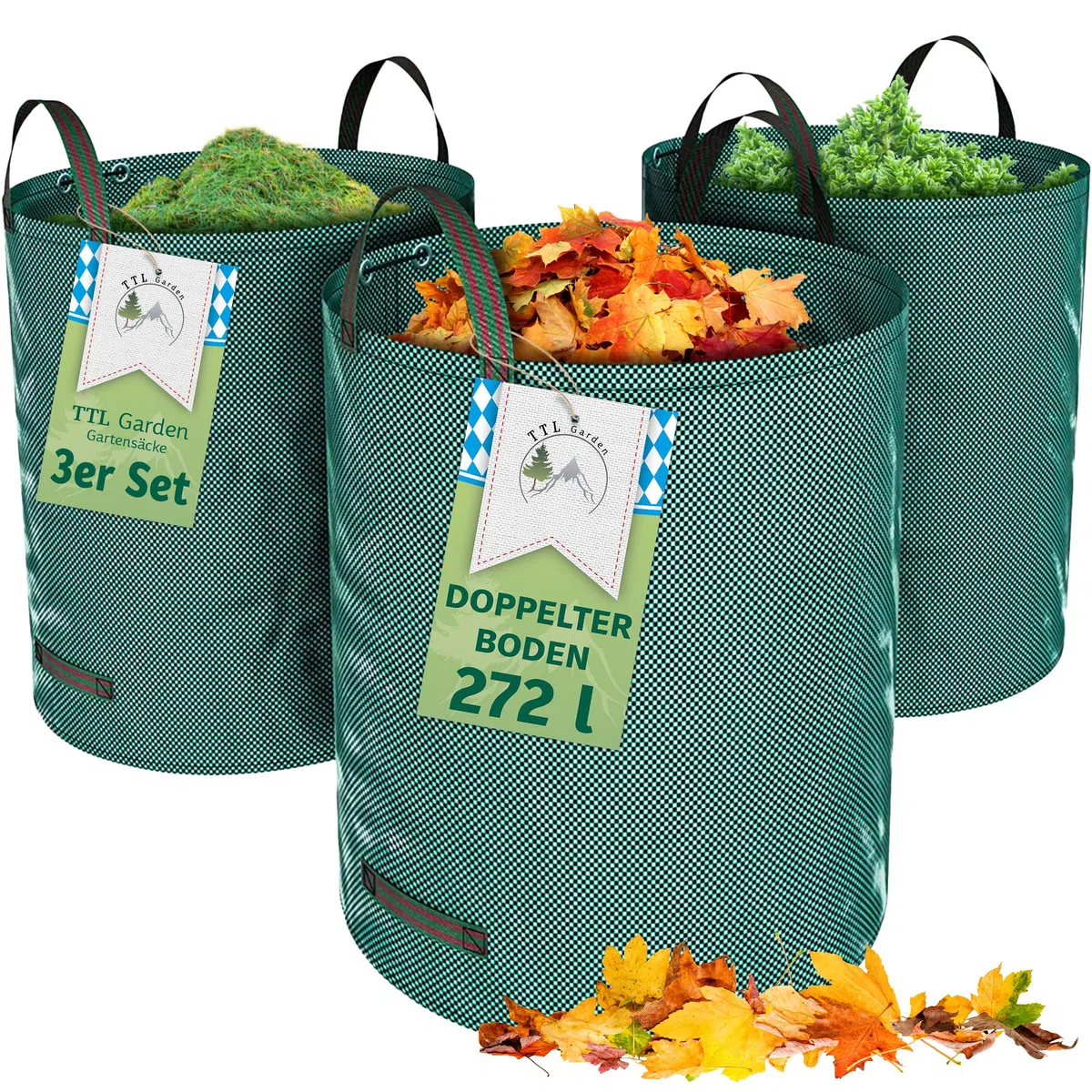 TTL GARDEN 3x 272L Gartensack - DOPPELTER BODEN extra stabil selbststehend 4 Griffe 150gsm groß robust & faltbar - 3er Set Garten Sack Laubsack Abfallsack für Gras Laub Hecke Gartenabfall