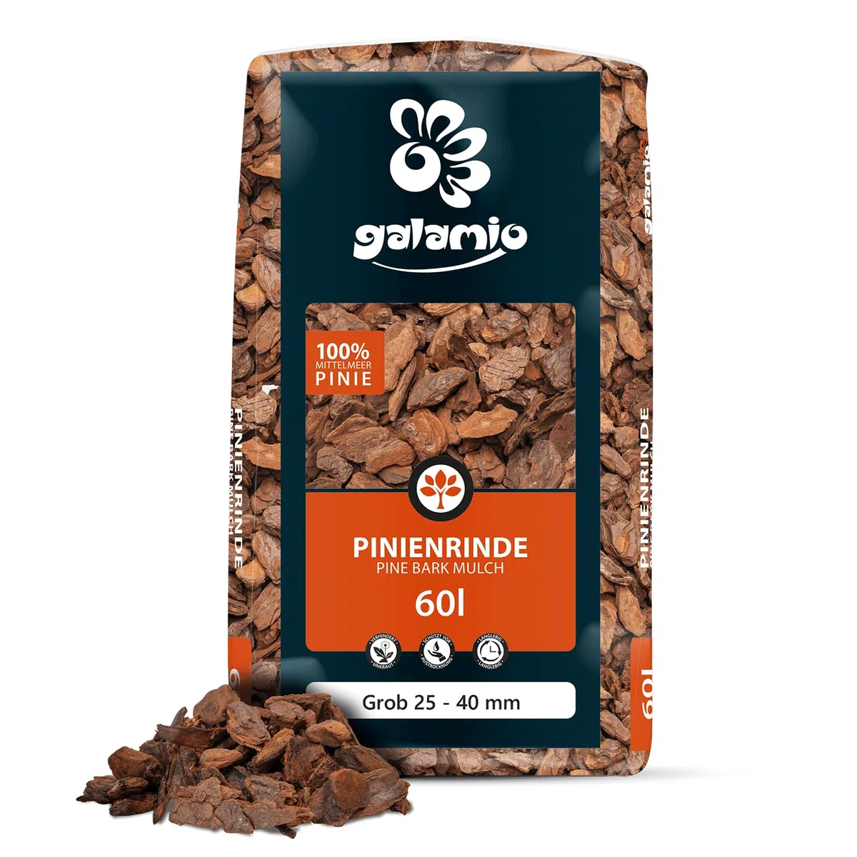 GALAMIO Rindenmulch Pinie Grob 25-40 mm - 60L - unbehandelter, natürlicher Bodenschutz