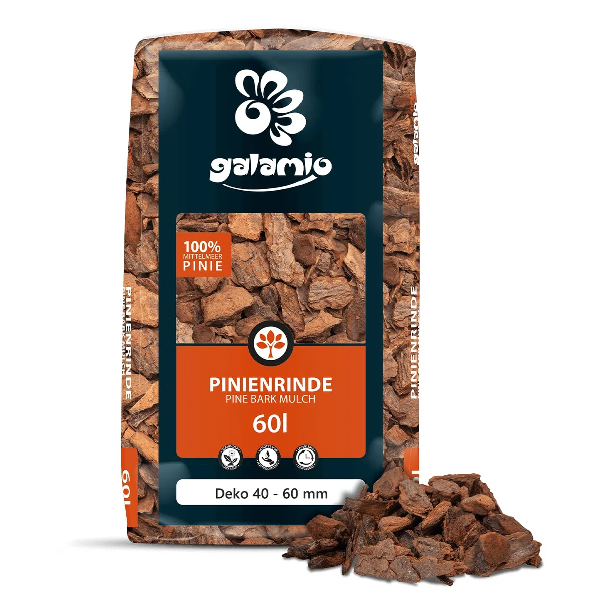 GALAMIO Pinienrinde Deko 40-60mm – 60L Sack Pinienmulch Rindenmulch Garten | Naturbelassener Rindenmulch aus südeuropäischer Mittelmeerkiefer – dekorative Grob-Körnung für Wege, Böschungen & Flächen