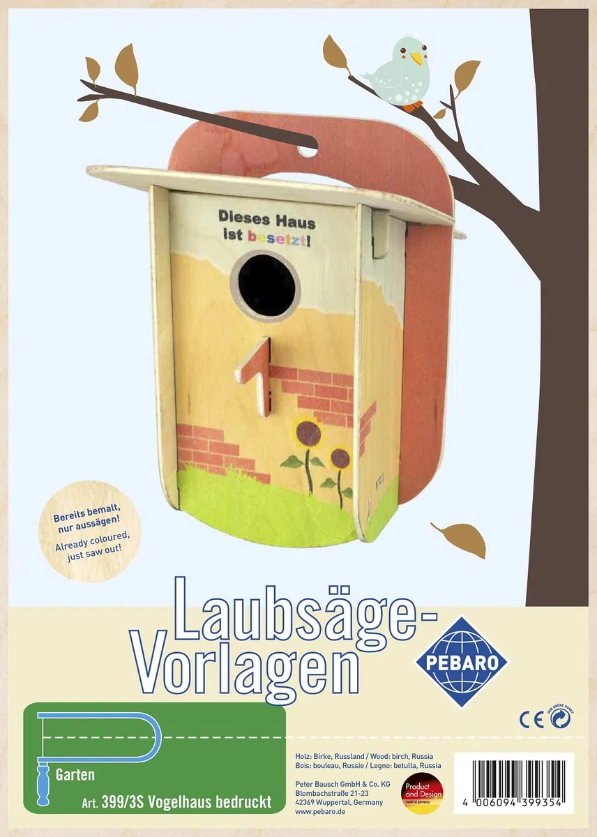 Pebaro 399/3S Laubsägevorlage Vogelhaus bunt bedruckt, 3mm Sperrholz DIN A 4, Motiv farbig vorgedruckt, aussägen mit Laubsägebogen, basteln, fertig, Laubsägen, Holz, Geschenkidee, Nistkasten, Garten