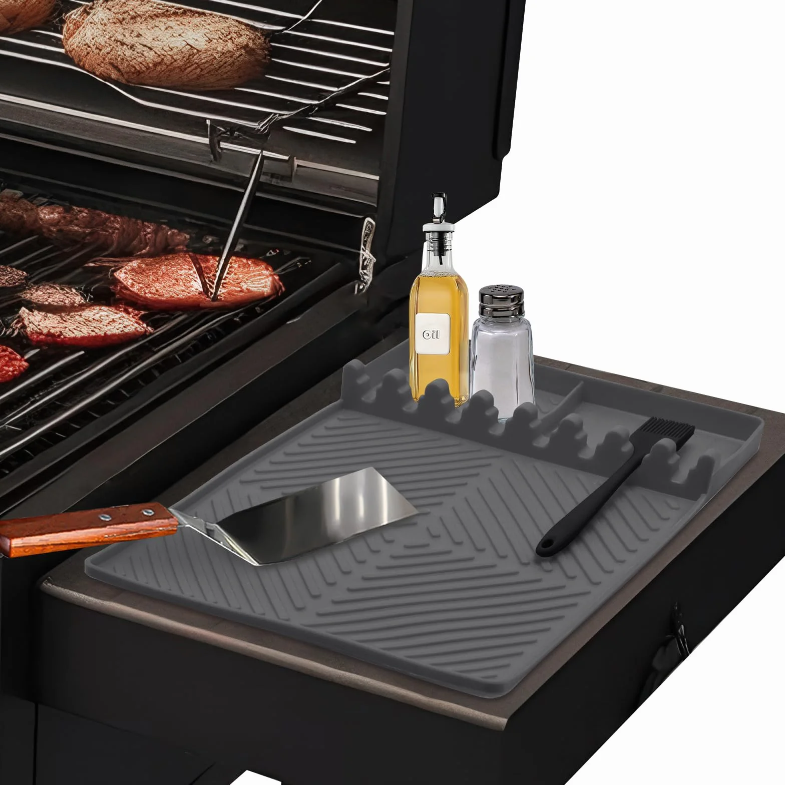 Silikon Grillmatte für Gasgrill Seitenbrenner, Gasgrill Seitentische Matte BBQ Utensilienhalter, Spachtelmatte für Küchen Herd Grill Arbeitsplatten, Grau