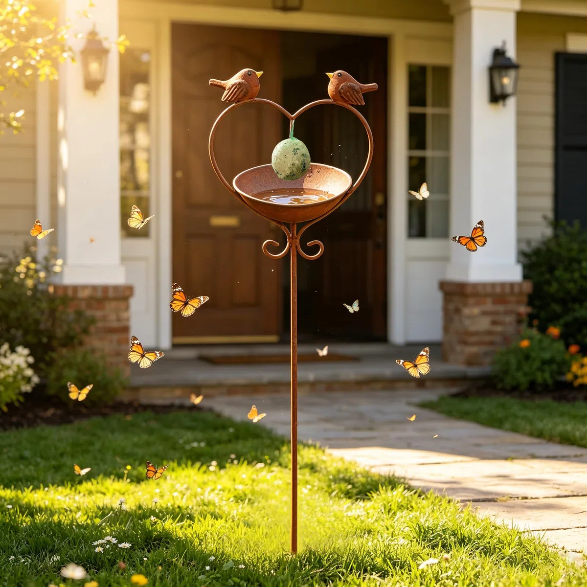Gartendeko Rost Vogeltränke Stehend,Vogelbad Garten Gartenstecker Rost Bienentränke Metall Insektentränke Rostdeko Gartendeko für Draußen Wetterfest Wassertränke für Vögel Beetstecker Topfstecker (B)