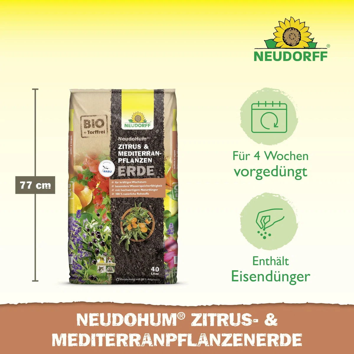 Neudorff NeudoHum Zitruserde 40L - torffreie mediterrane PflanzenErde - Bio Olivenbaum Erde für alle Mediterranpflanzen wie z.B. Palmen, Oleander und Zitronen - Zitruspflanzenerde ohne Torf