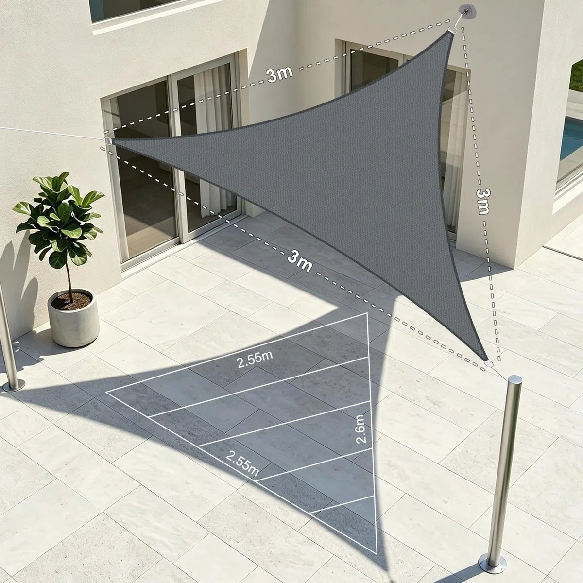 LOVE STORY Sonnensegel Dreieckig 3x3x3m Wasserdicht Segeltuch Sonnenschutz Windschutz PES mit 95% UV-Schutz für Balkon, Garten, Terrasse (Anthrazit)