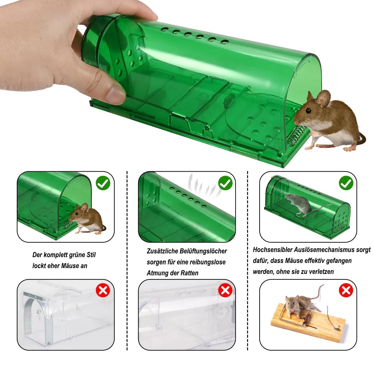Cieex Lebendfalle für Maus, 4er Set Mausefalle Lebend Ratte, Tierfreundlich Lebendfalle Maus Hochsensibler Auslösemechanismus mit Luftlöchern, Wiederverwendbare Mausefalle für Mäuse