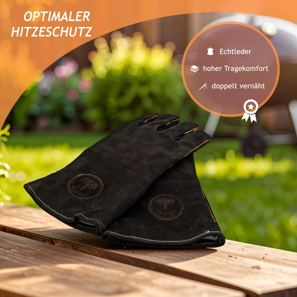 Rin & Rut Grillhandschuhe & Ofenhandschuhe aus Leder 34,5 cm - hitzebeständige Koch- & Kaminhandschuhe mit weichem Innenfutter - Lange feuerfeste Grillhandschuhe für Backofen, BBQ & Kamin