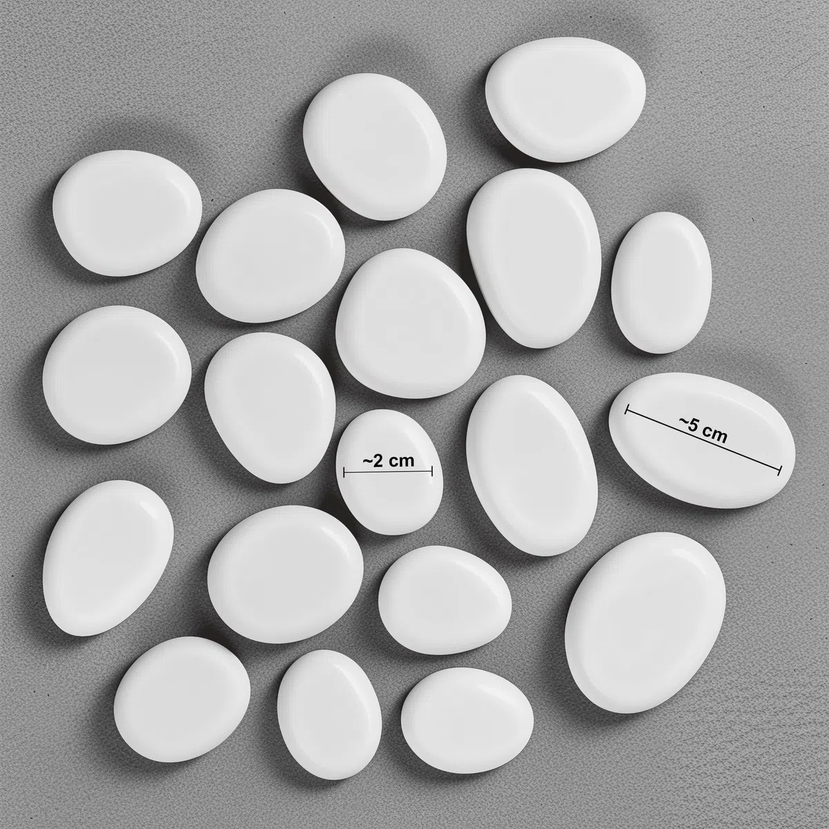 Weiße Steine zum Bemalen aus recyceltem Kunststoff, ideal für Malerei, Bastelarbeiten, Aquarien- und Vasendekoration. Größe 2–5 cm, Packung mit ca. 75 Stück.