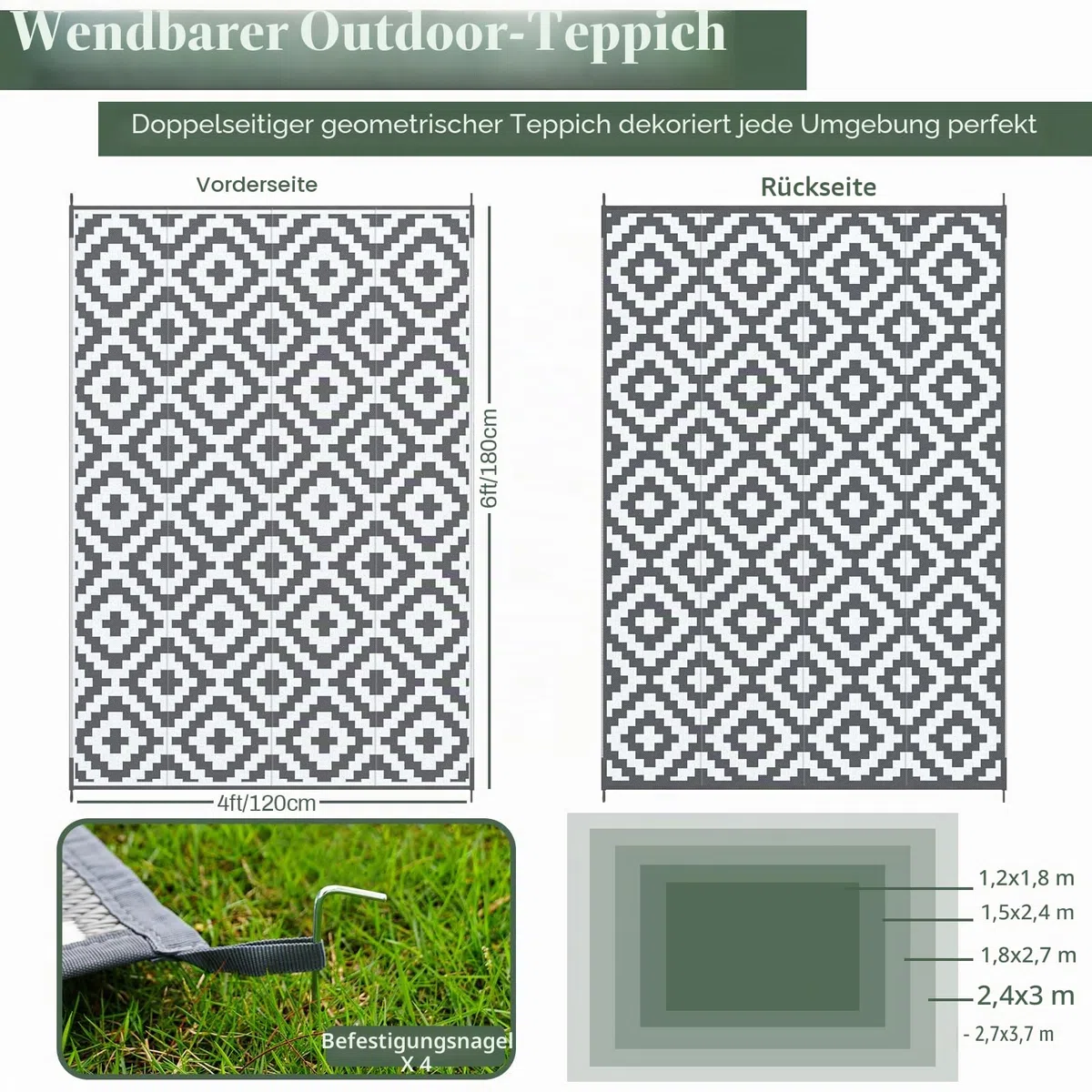 MOKANI Outdoor Teppich Wetterfest 120x180cm, Kunststoff Stroh/Plastik Reversible Matte UV-beständig Camping Patio Wasserdichter Außenbereich für Balkon Terrasse Pinic