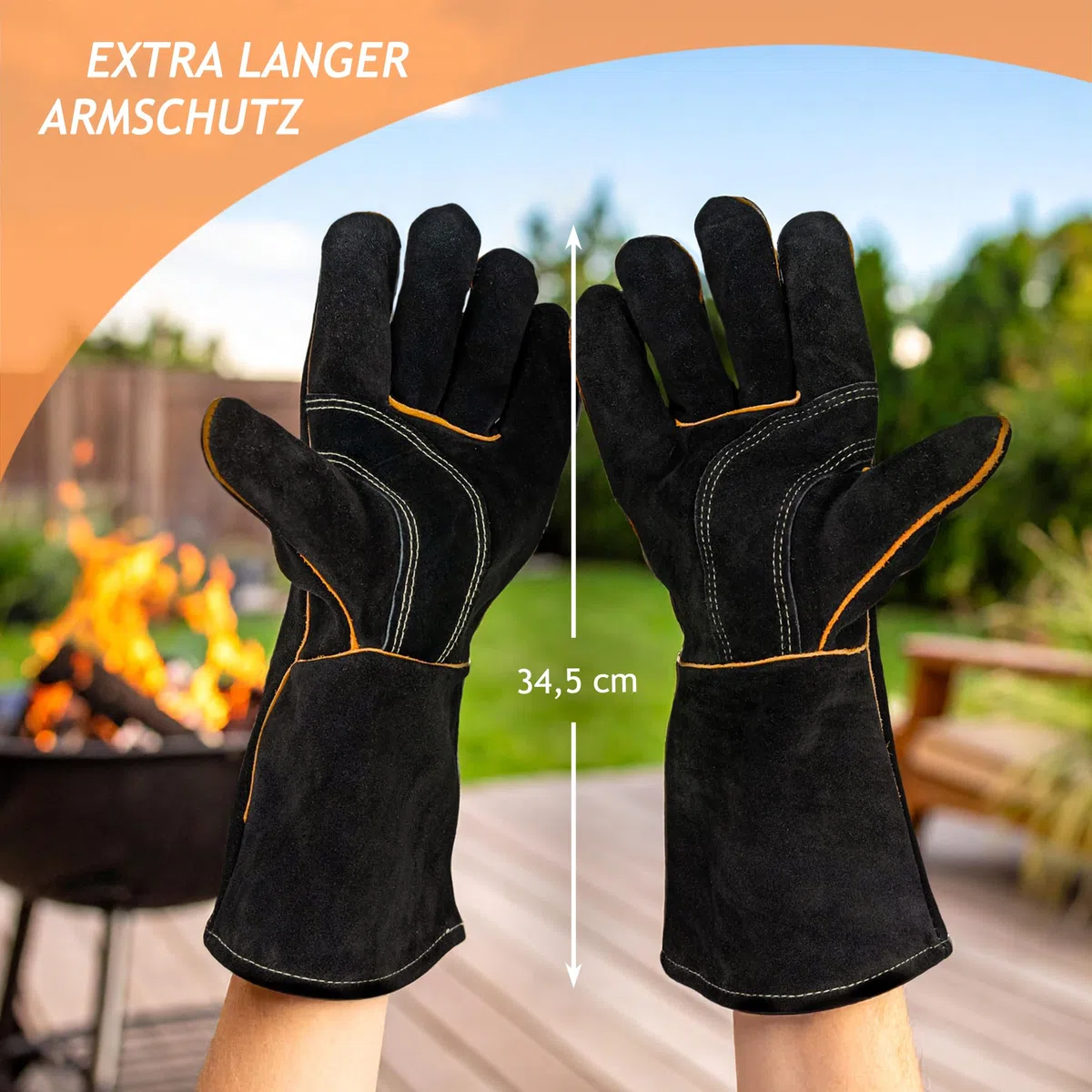 Rin & Rut Grillhandschuhe & Ofenhandschuhe aus Leder 34,5 cm - hitzebeständige Koch- & Kaminhandschuhe mit weichem Innenfutter - Lange feuerfeste Grillhandschuhe für Backofen, BBQ & Kamin