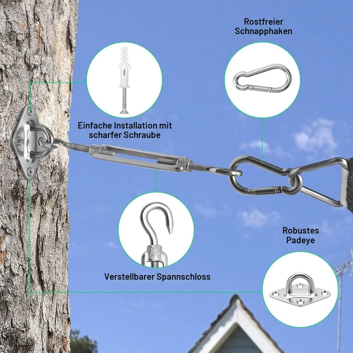 Sonnensegel Befestigung Set Zubehör 304 Edelstahl Sonnensegel Befestigungsset sonnensegel Spanner Montage Aufbau für Viereck und Dreieck Garten, Awnings Mounting Assembly