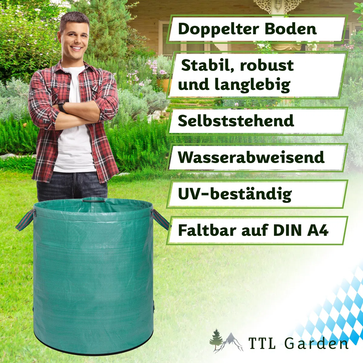 TTL GARDEN 3x 272L Gartensack - DOPPELTER BODEN extra stabil selbststehend 4 Griffe 150gsm groß robust & faltbar - 3er Set Garten Sack Laubsack Abfallsack für Gras Laub Hecke Gartenabfall