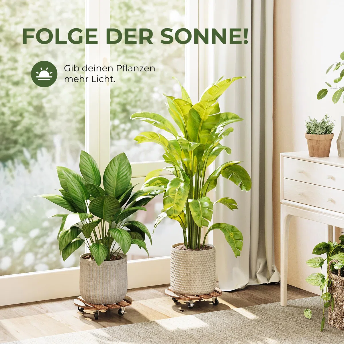 Bamworld Pflanzenroller Holz Rund 2er Set – stabiler Pflanzenroller Outdoor wetterfest mit Bremse, Blumentopf Untersetzer mit Rollen Ø 30.5 cm, Pflanzenuntersetzer mit Rollen für Innen & Außen
