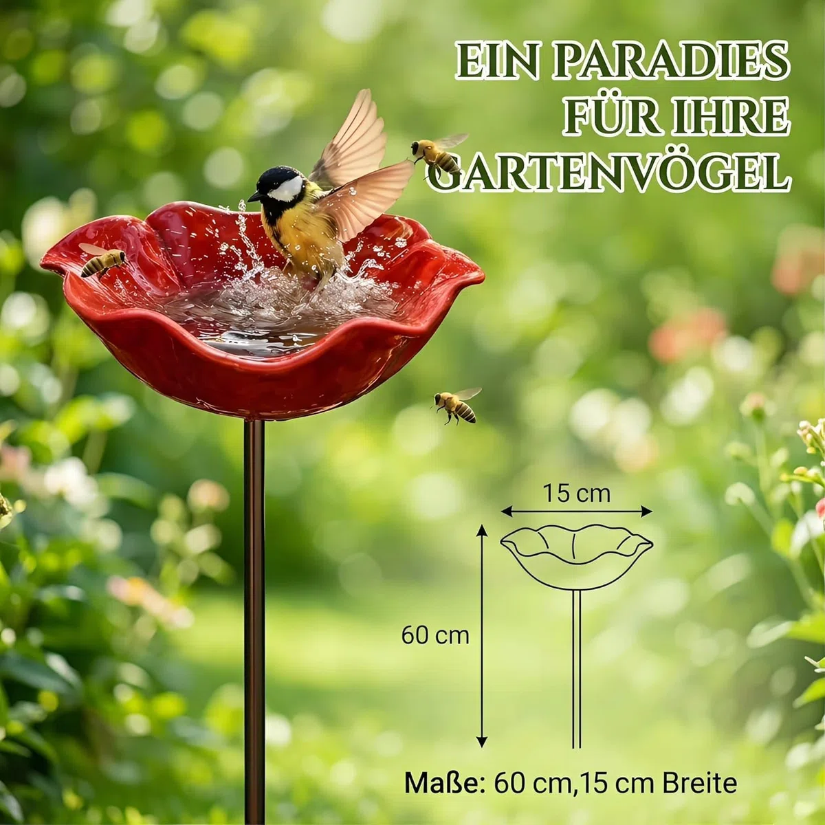 2Stück Vogeltränke Blume Winterfest Futterstation Vögel,Insektentränke Blumes Für Den Garten,Vogeltränke Metall Gartenstecker,Bienentränke Gartens Für Bienens,Futterschale, Für Rasen (2Pcs Rot)