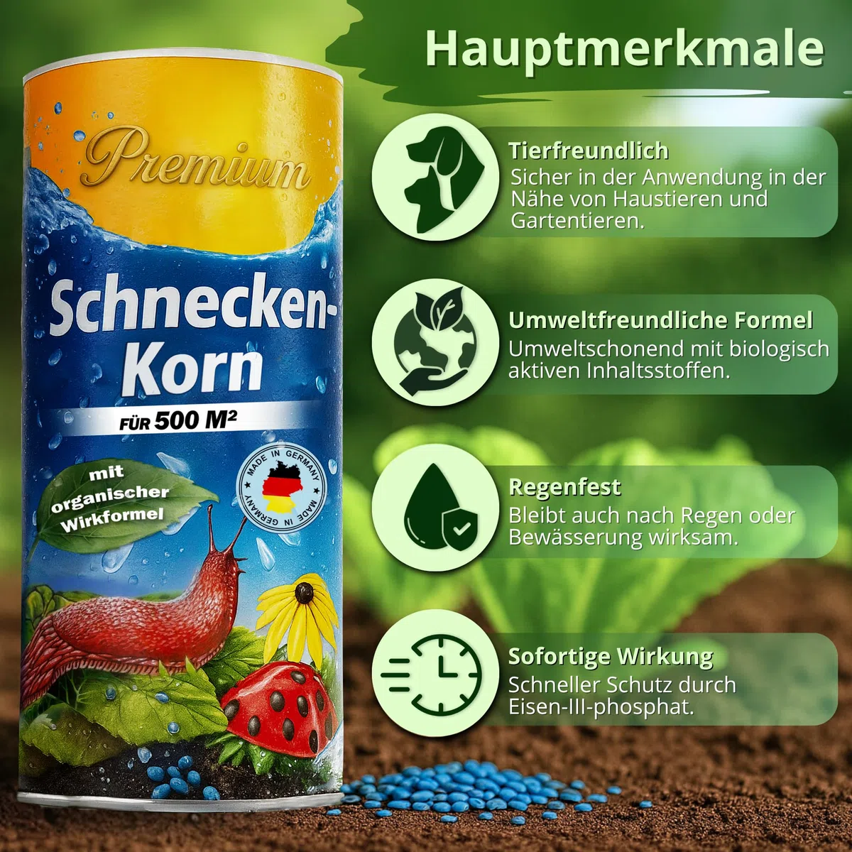 Schneckenkorn Regenfest | 300g für 500m²| Schneckenlinsen gegen Nacktschnecken | Haustierfreundlich | Schneckenschutz mit biologischer Wirkformel | Für alle Gemüsearten (1x Streudose)