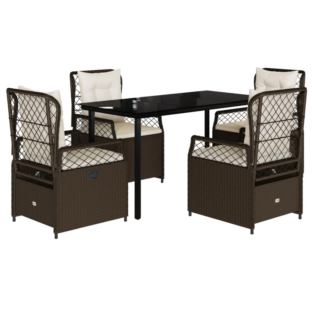 5-TLG. Garten-Essgruppe mit Kissen aus Braunem Poly Rattan, Outdoor Esstischgruppe mit Verstellbarer Rückenlehne und Abnehmbaren Bezügen, Wetterfeste PE Rattan Möbel