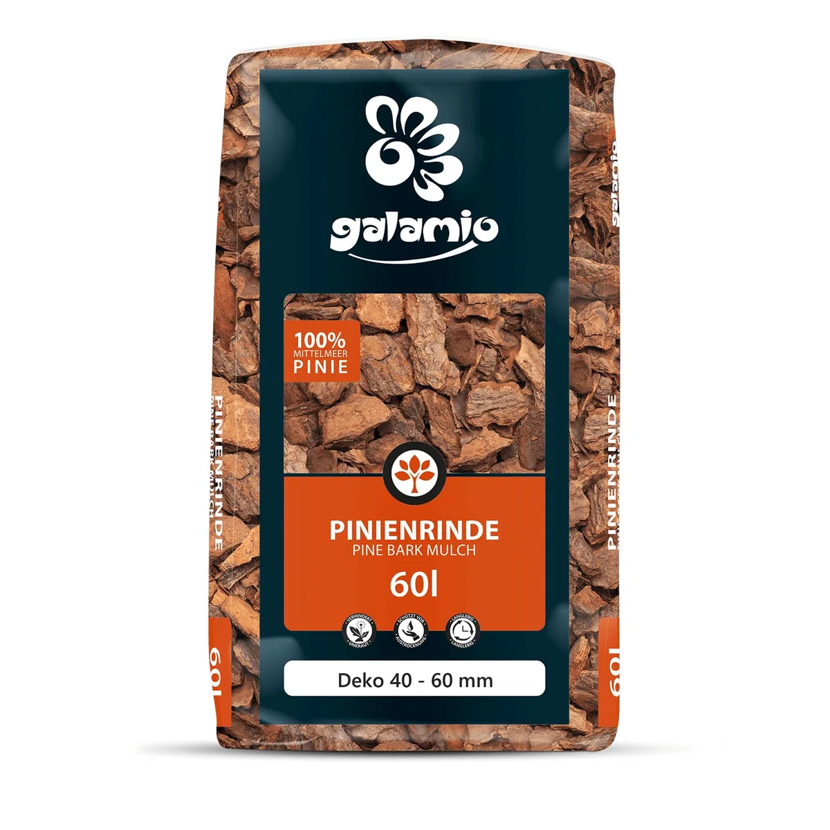 GALAMIO Pinienrinde Deko 40-60mm – 60L Sack Pinienmulch Rindenmulch Garten | Naturbelassener Rindenmulch aus südeuropäischer Mittelmeerkiefer – dekorative Grob-Körnung für Wege, Böschungen & Flächen