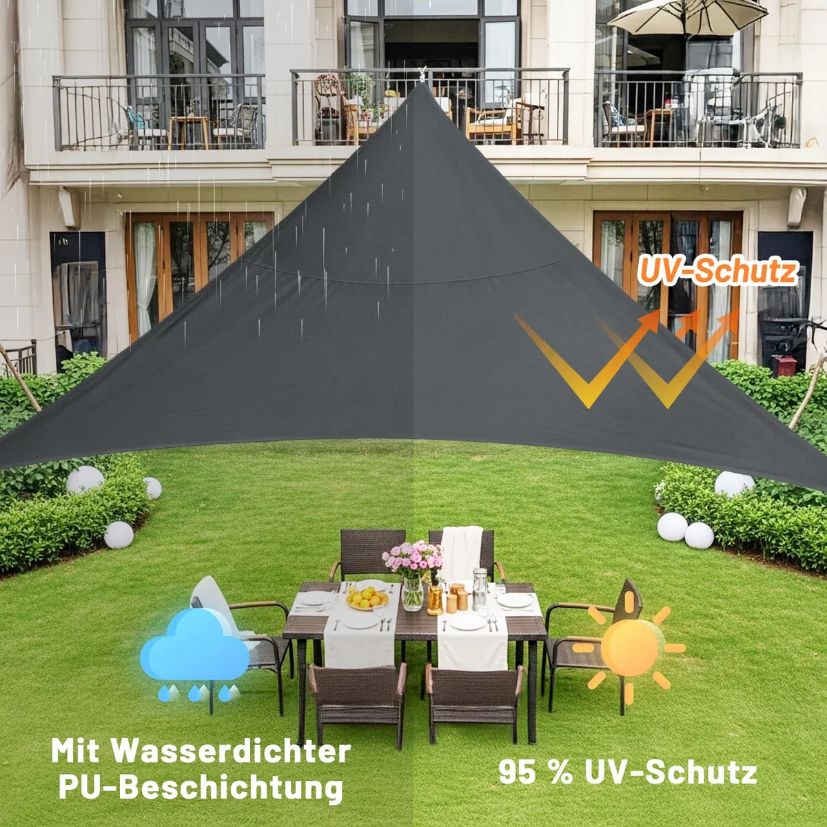 LOVE STORY Sonnensegel Dreieckig 3x3x3m Wasserdicht Segeltuch Sonnenschutz Windschutz PES mit 95% UV-Schutz für Balkon, Garten, Terrasse (Anthrazit)