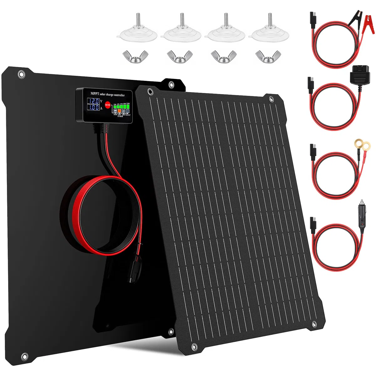 Paodekua 50 W 12 V wasserdichtes MPPT-Solarbatterie-Ladegerät und -wartung, UltraSmart-Laderegler mit V/A-Display, OBDII-Unterstützung und Solarpanel-Erhaltungslade-Sets für Auto, Auto, Boot