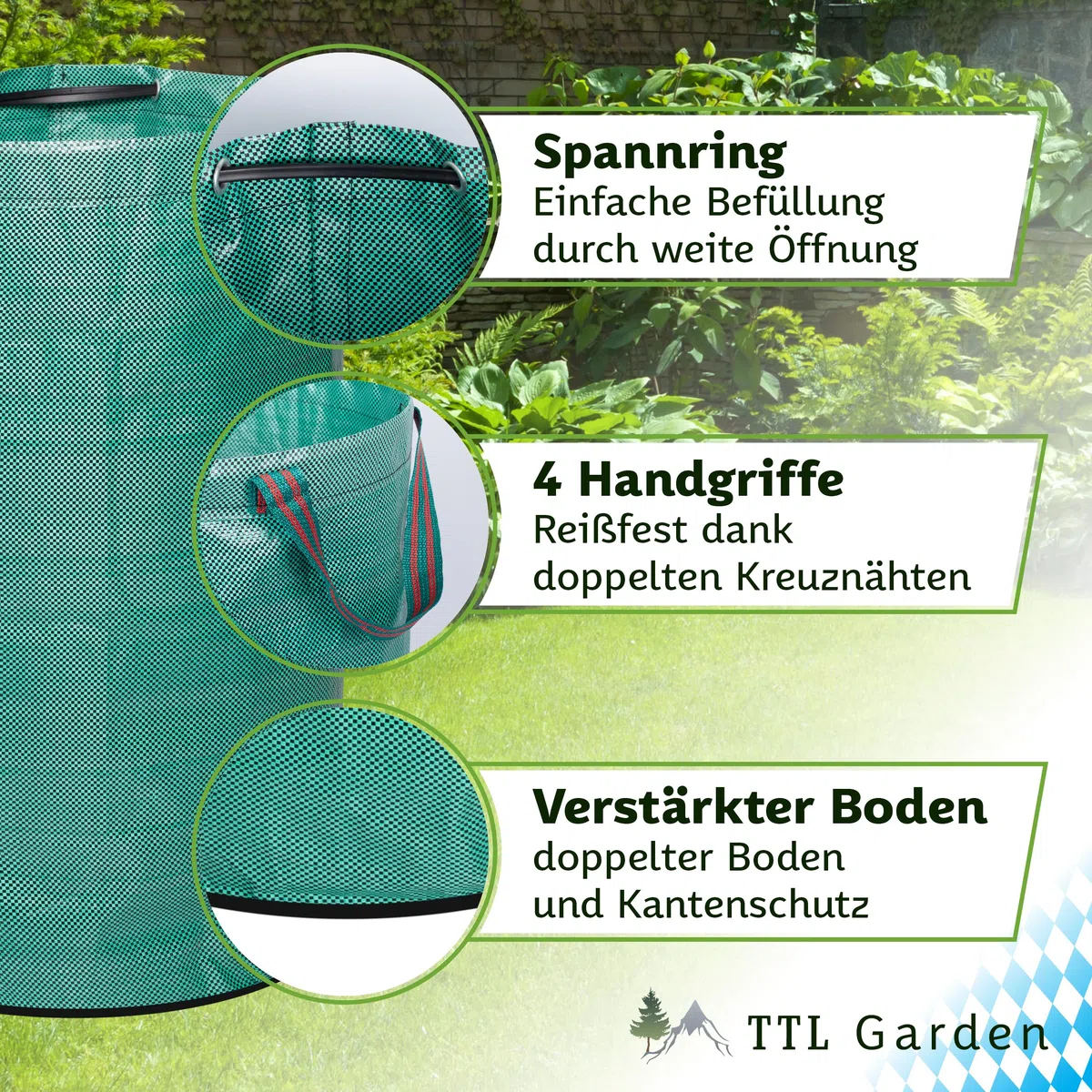 TTL GARDEN 3x 272L Gartensack - DOPPELTER BODEN extra stabil selbststehend 4 Griffe 150gsm groß robust & faltbar - 3er Set Garten Sack Laubsack Abfallsack für Gras Laub Hecke Gartenabfall
