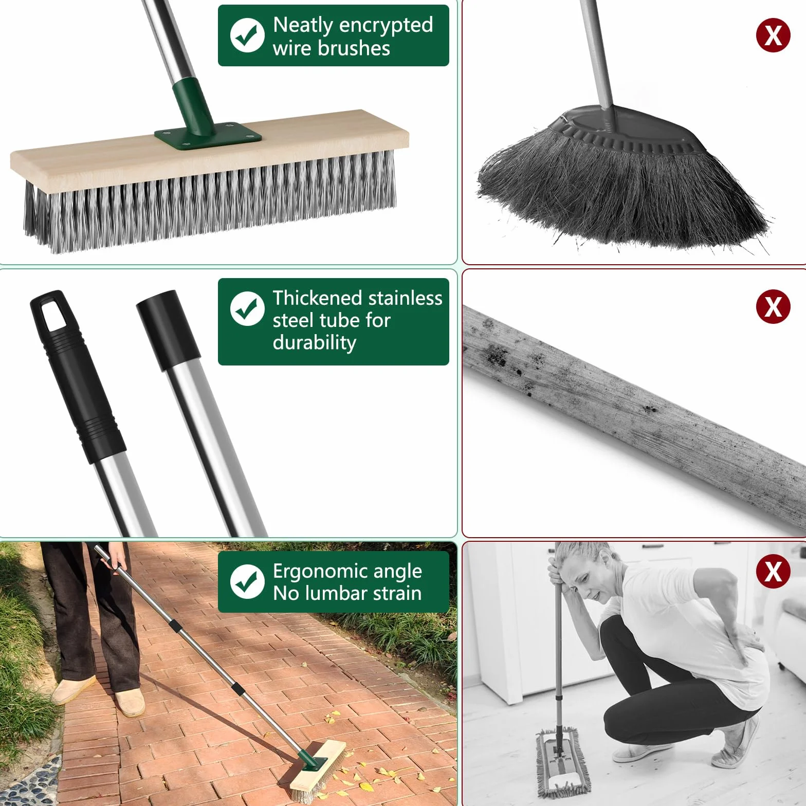 Stahldrahtbesen mit Teleskopstiel Edelstahl Drahtbürste Deckbesen Bürste Bodenschrubber Bürste für Terrasse, Deck, Garten