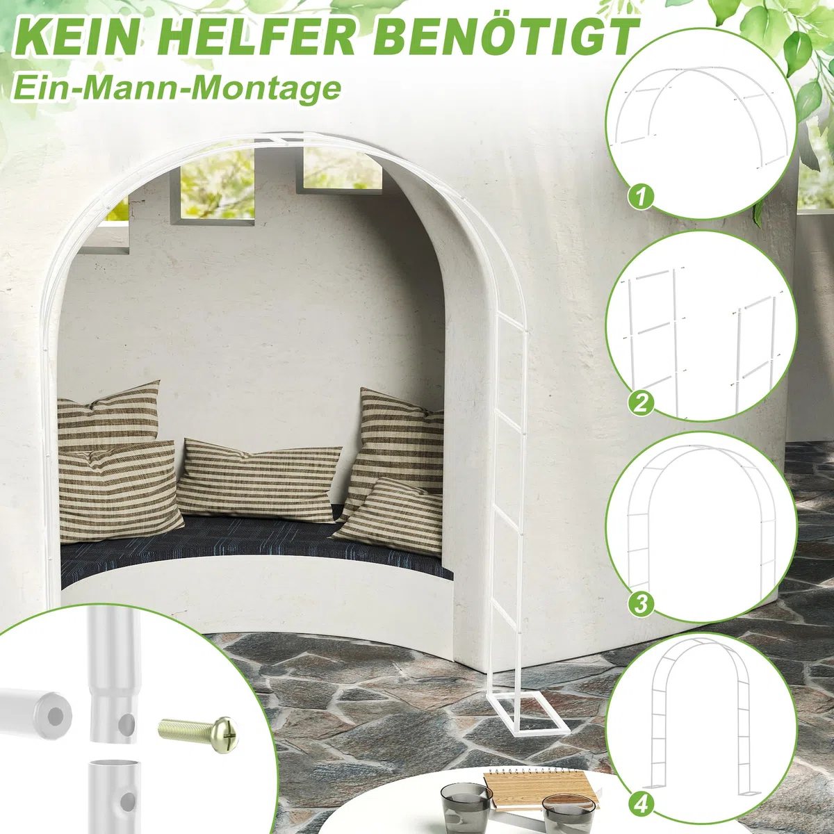 XMTECH Torbogen Rankhilfe, Gartenbogen aus Metall, 192x38x240cm, Stabiler Rosenbogen mit Bodenplatten, Rankhilfe für Kletterpflanzen, Rankbogen für Garten, Hochzeit & Feiern, wetterfest, Weiß