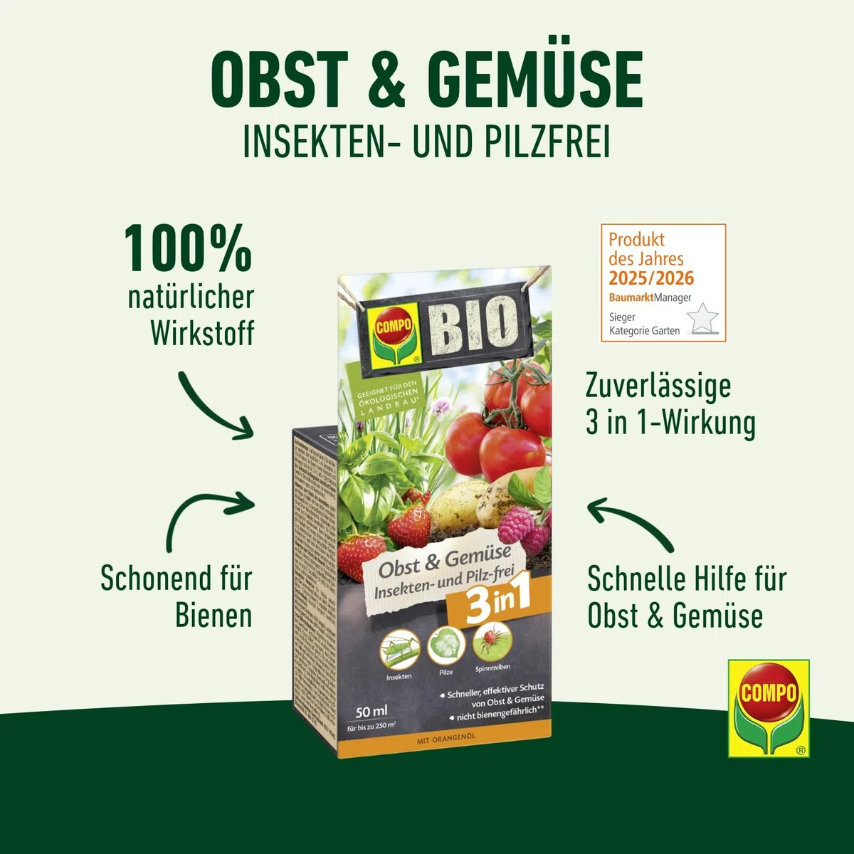 COMPO Obst & Gemüse Insekten- und Pilz-frei - 50 ml reichen für 250 m² - Bekämpfung von Insekten, Spinnmilben und Pilzkrankheiten - Wirkstoff aus der Natur