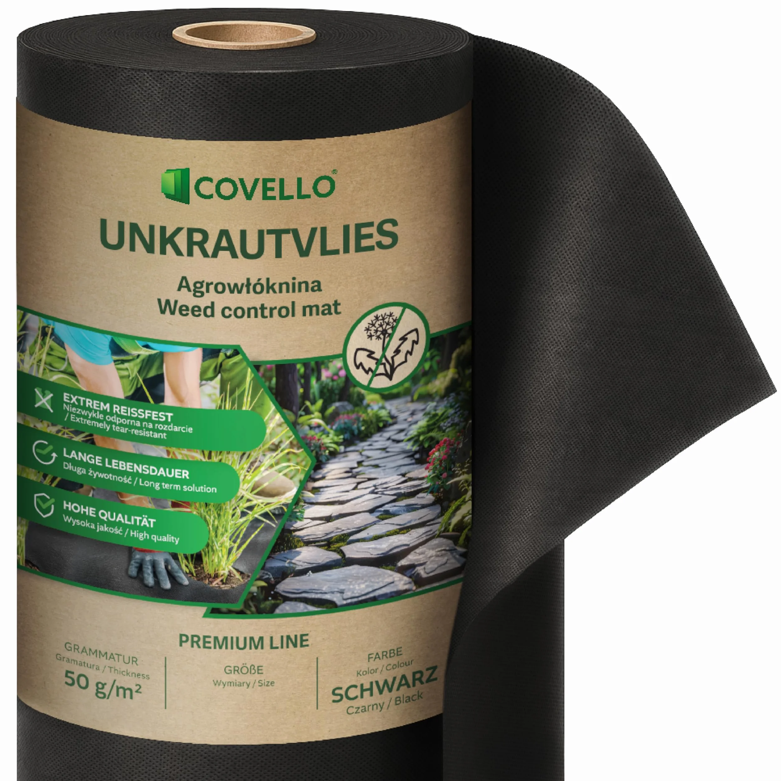 Covello Unkrautvlies 40m² Premium Line - Unkrautfolie wasserdurchlässig - Unkrautvlies für Garten - Gartenvlies gegen Unkraut hohe UV-Stabilisierung (40m x 1m) - reißfestes Unkrautvlies 50g/m²