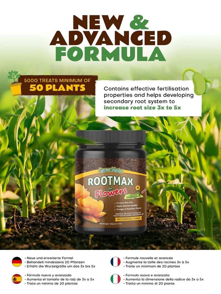 RootMax Flower: Mykorrhiza-Bewurzelungspulver & Wurzelaktivator für Stecklinge & Pflanzen - Verbessertes Wurzelwachstum für gesündere Gärten - Behandelt bis zu 100 Pflanzen (500 g/17.63 oz)