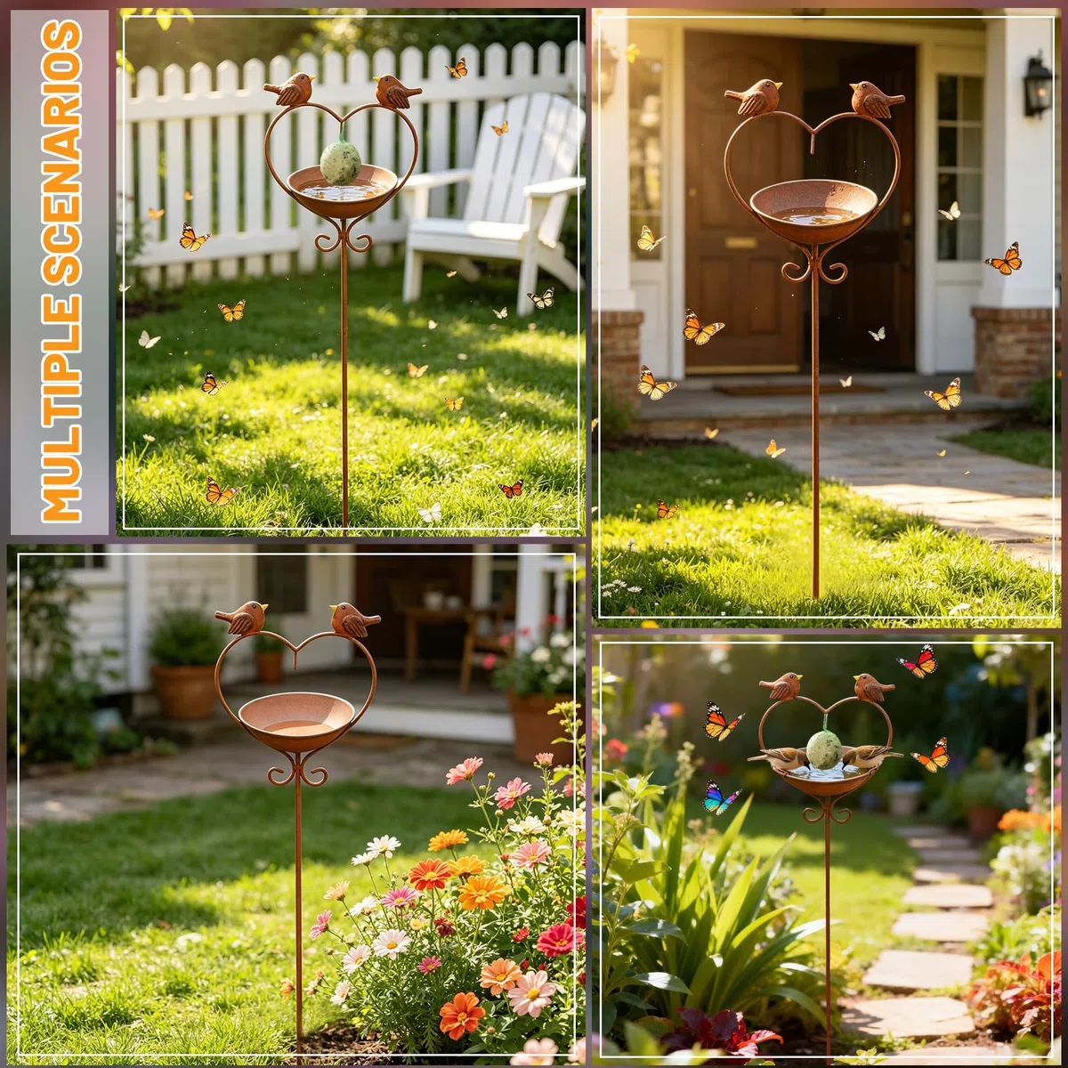 Gartendeko Rost Vogeltränke Stehend,Vogelbad Garten Gartenstecker Rost Bienentränke Metall Insektentränke Rostdeko Gartendeko für Draußen Wetterfest Wassertränke für Vögel Beetstecker Topfstecker (B)