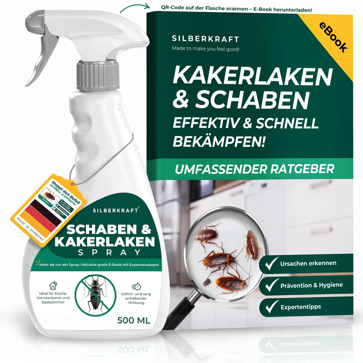 Schabenspray 500ml inkl. E-Book per QR-Code - Anti Schaben Spray mit Langzeitwirkung für Küche & Bad - Schabenmittel & Kakerlakenspray gegen Schaben & Kakerlaken im Haus