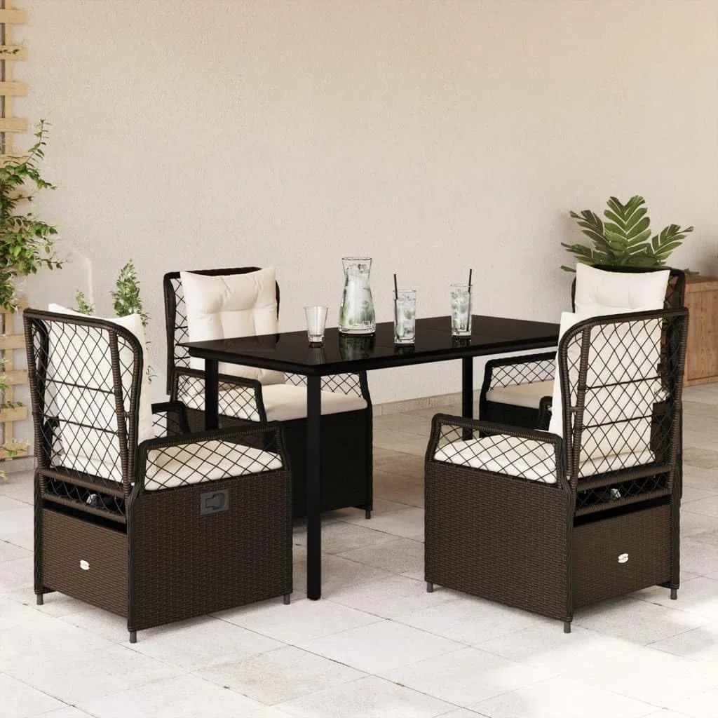 5-TLG. Garten-Essgruppe mit Kissen aus Braunem Poly Rattan, Outdoor Esstischgruppe mit Verstellbarer Rückenlehne und Abnehmbaren Bezügen, Wetterfeste PE Rattan Möbel