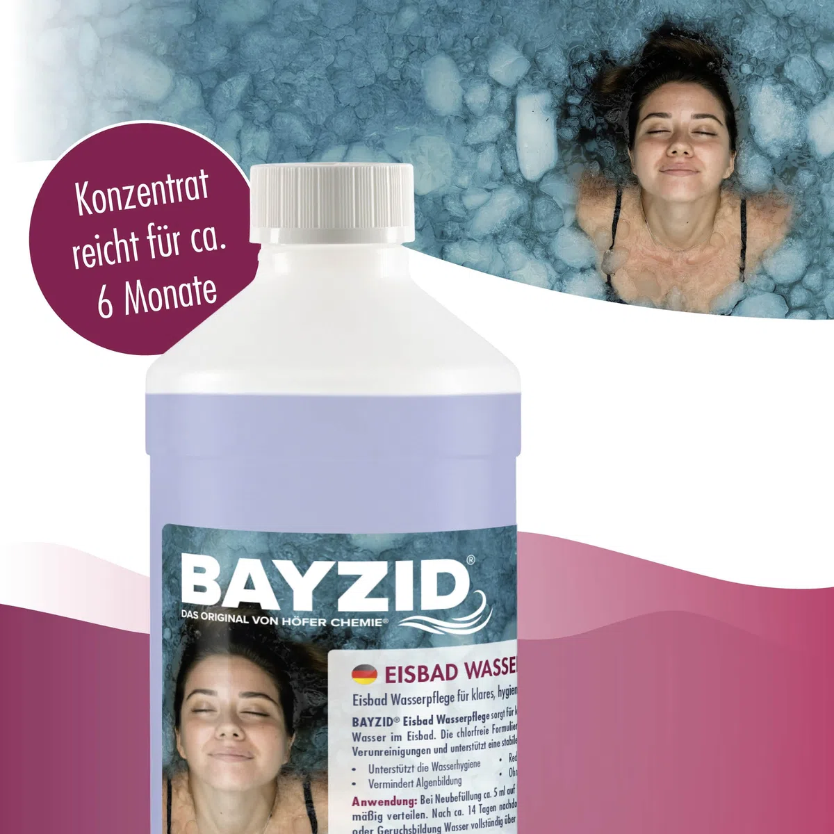 BAYZID 1 L Eisbad Wasserpflege ohne Chlor - Hygiene & Klarwasser für Eisbäder, Kaltwasserbecken & Eistonnen - Chlorfrei & Duftstofffrei - Effektive Anti-Bakterien-Formel - Einfache Dosierung