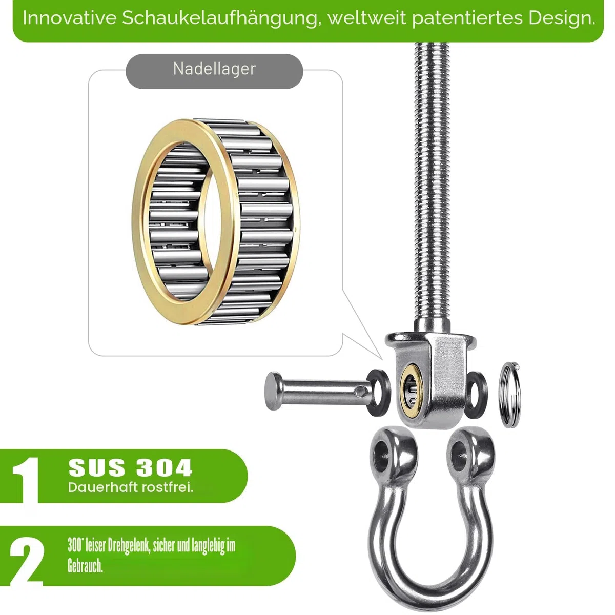 Dolibest 2er Schaukelhaken Holzbalken Lager, 175mm Hängematte Befestigung M10 Schwerlast Hängesessel Aufhängung Betondecke Edelstahl Drehbar Boxsack Deckenhalterung ösenhaken zum Schrauben, Bis 680kg