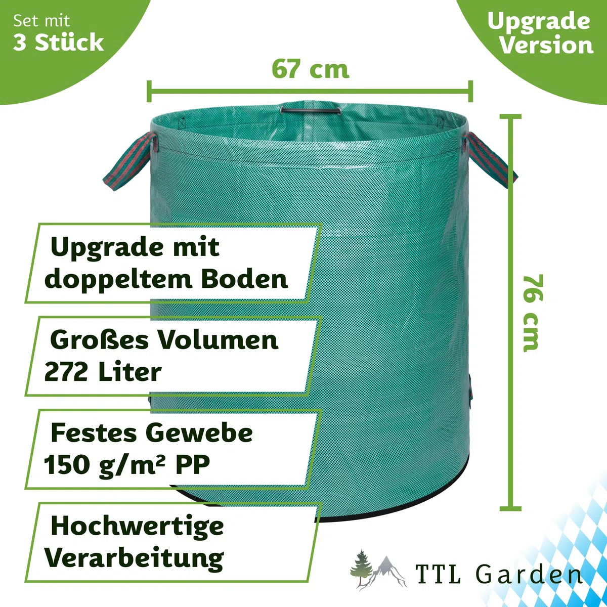 TTL GARDEN 3x 272L Gartensack - DOPPELTER BODEN extra stabil selbststehend 4 Griffe 150gsm groß robust & faltbar - 3er Set Garten Sack Laubsack Abfallsack für Gras Laub Hecke Gartenabfall
