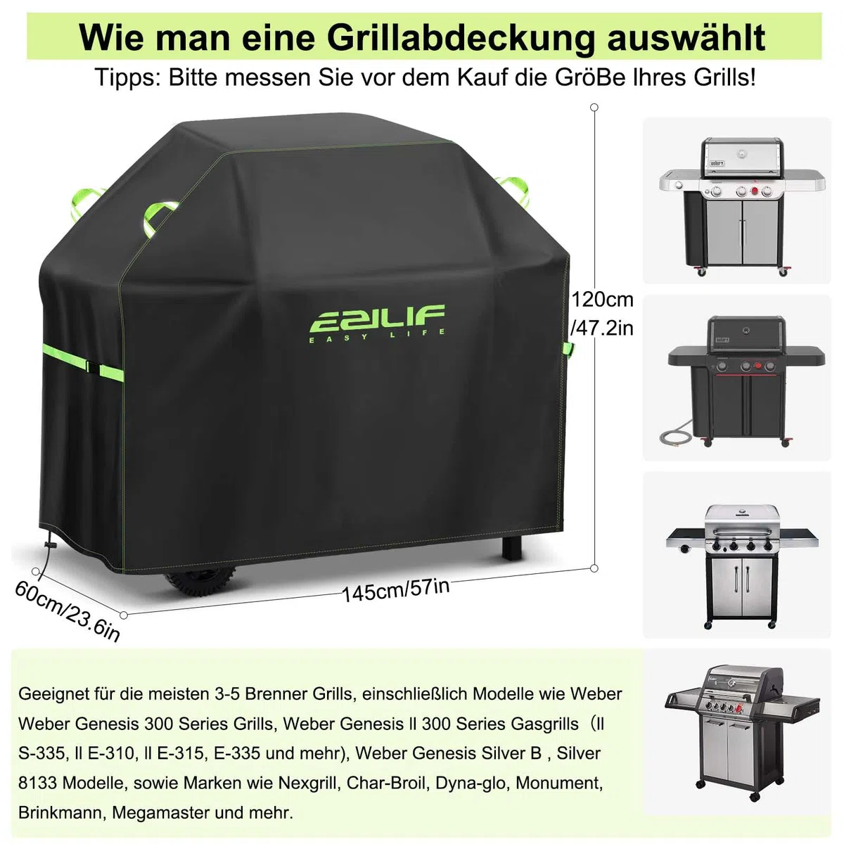 Grillabdeckung Wetterfest 145x60x120cm Grill Abdeckung 420D Oxford-Gewebe Wasserdicht Reißfest, Schutz Grill vor Rost und Schimmel, Grill Abdeckhaube für Weber/Enders/Char Broil/Napoleon/Rösle
