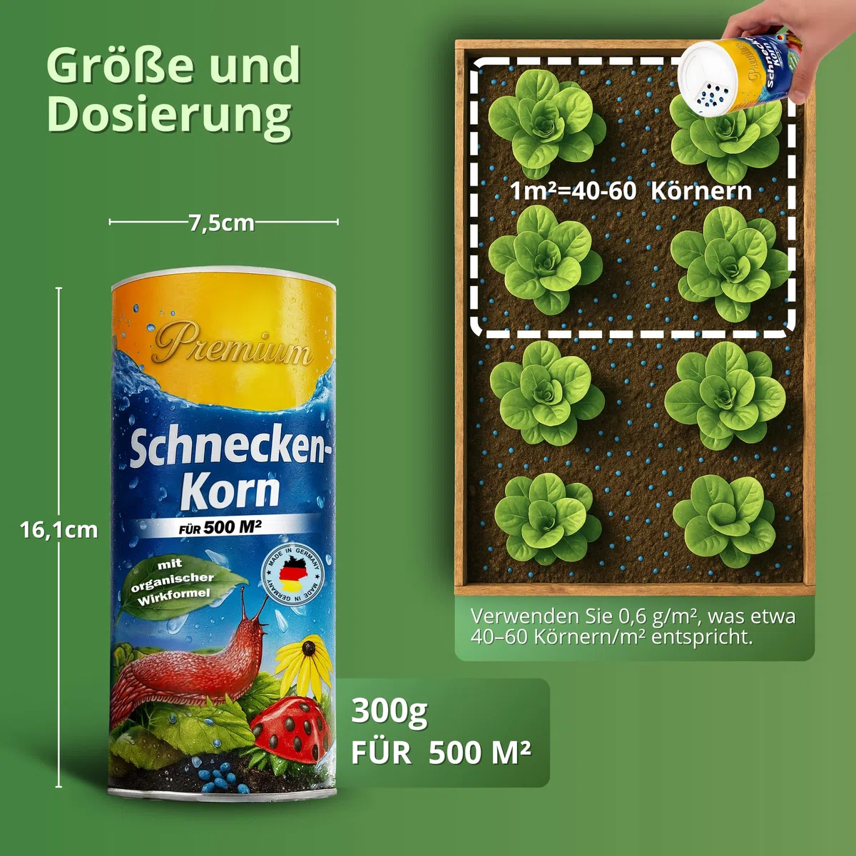 Schneckenkorn Regenfest | 300g für 500m²| Schneckenlinsen gegen Nacktschnecken | Haustierfreundlich | Schneckenschutz mit biologischer Wirkformel | Für alle Gemüsearten (1x Streudose)
