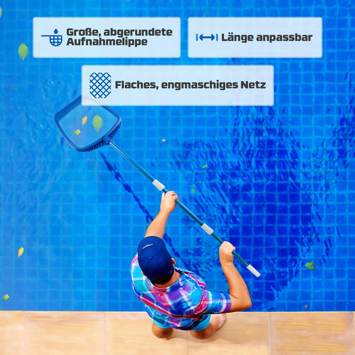 Arebos Poolkescher Feinmaschig mit Teleskopstange | Poolreinigung Bodenkescher | Tiefenkescher Länge von 1,20-1,90 m | Pool Kescher Große Aufnahmelippe | Flaches und engmaschiges Netz | Blau