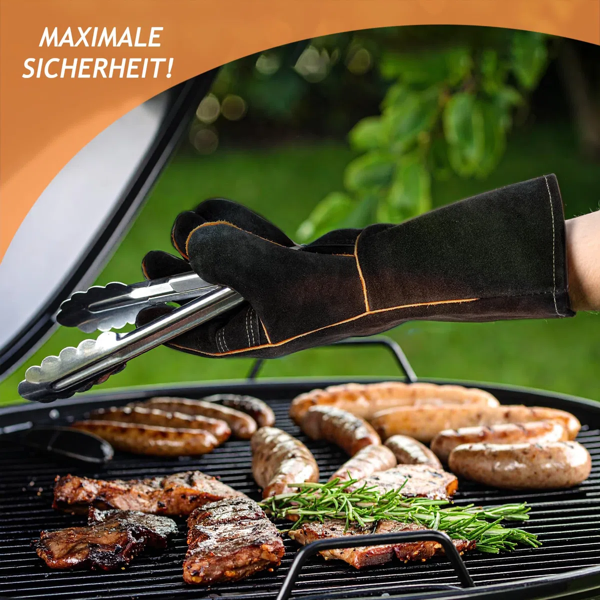 Rin & Rut Grillhandschuhe & Ofenhandschuhe aus Leder 34,5 cm - hitzebeständige Koch- & Kaminhandschuhe mit weichem Innenfutter - Lange feuerfeste Grillhandschuhe für Backofen, BBQ & Kamin