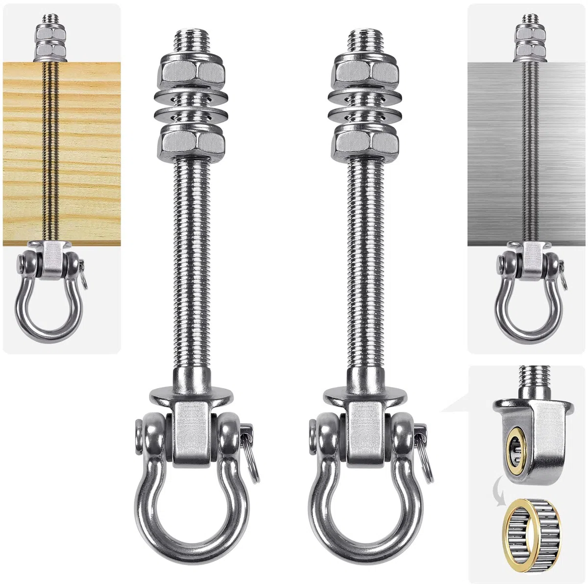 Dolibest 2er Schaukelhaken Holzbalken Lager, 175mm Hängematte Befestigung M10 Schwerlast Hängesessel Aufhängung Betondecke Edelstahl Drehbar Boxsack Deckenhalterung ösenhaken zum Schrauben, Bis 680kg
