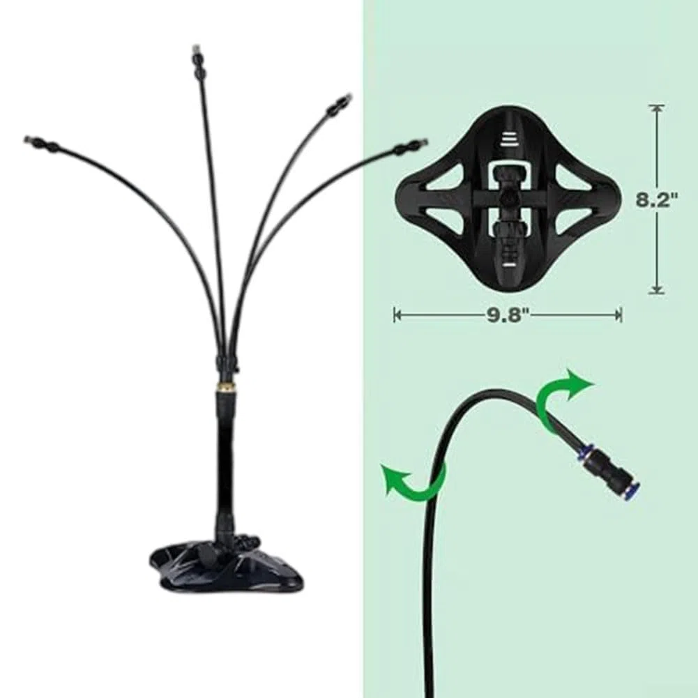 Stehendes Nebelkühlsystem für Outdoor-Zwecke, konfigurierbare Höhe (43,9–66 cm), 4-direktionale Form, Speicherschlauch, 7,6 m, Kupfer-Kunststoff-Sprühleitung, schwarz