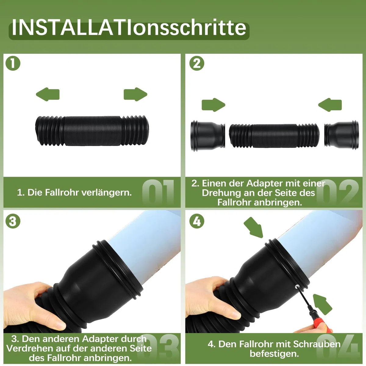 Fallrohr Erweiterungsset, Flexible Rundes Verlängerung Fallrohr Durchmesser 80/100 mm, Fallrohr Erweiterung von 47 bis 150 cm