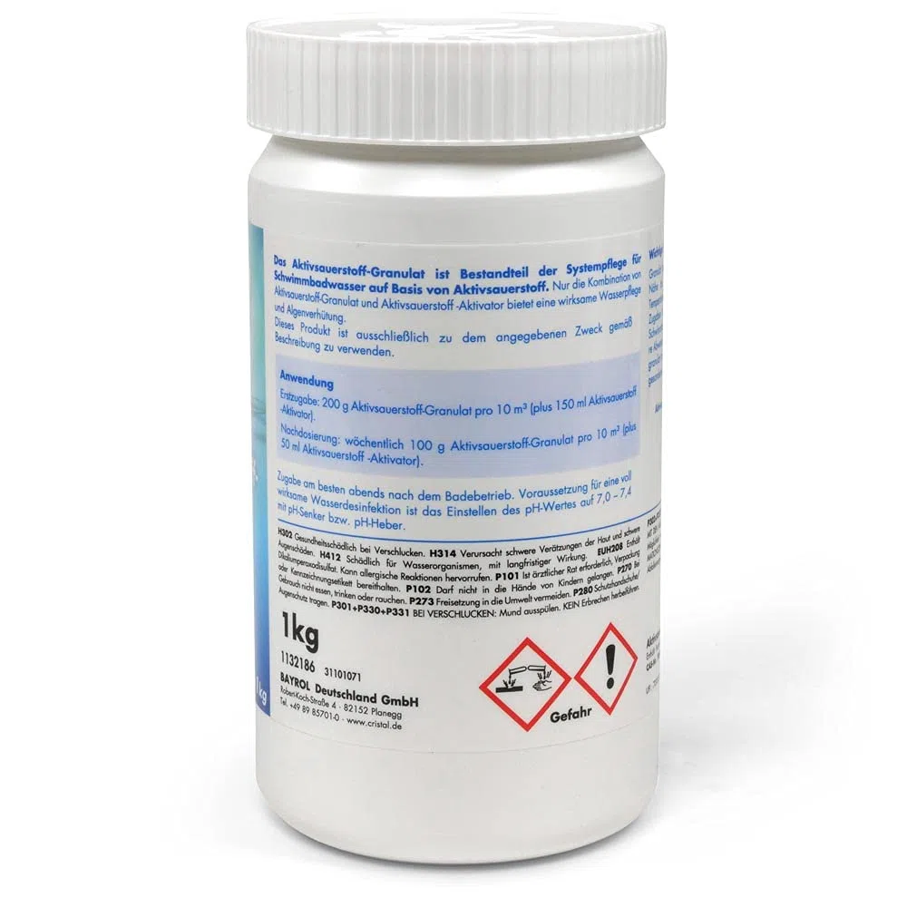 Aktivsauerstoff GRANULAT 1,0 kg - Chlorfreie Wasserdesinfektion - Sanfte und geruchsfreie Alternative zu Chlor - Wirksame Wasserdesinfektion - Benötigt zusätzlich Cristal Aktivsauerstoff Aktivator