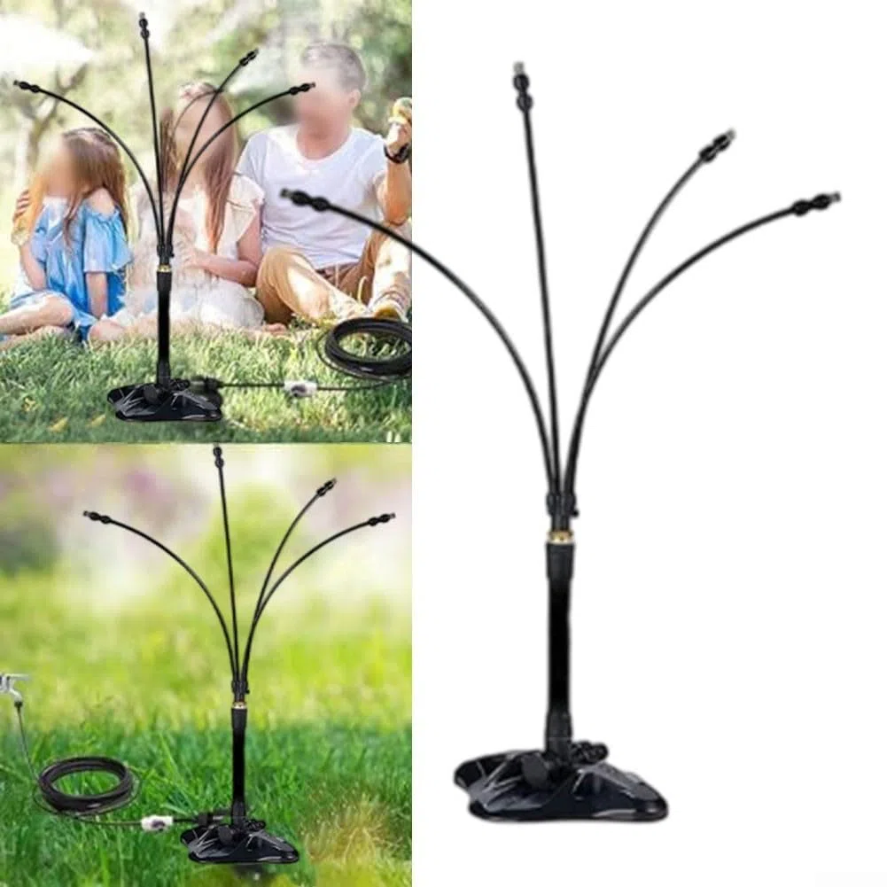 Stehendes Nebelkühlsystem für Outdoor-Zwecke, konfigurierbare Höhe (43,9–66 cm), 4-direktionale Form, Speicherschlauch, 7,6 m, Kupfer-Kunststoff-Sprühleitung, schwarz